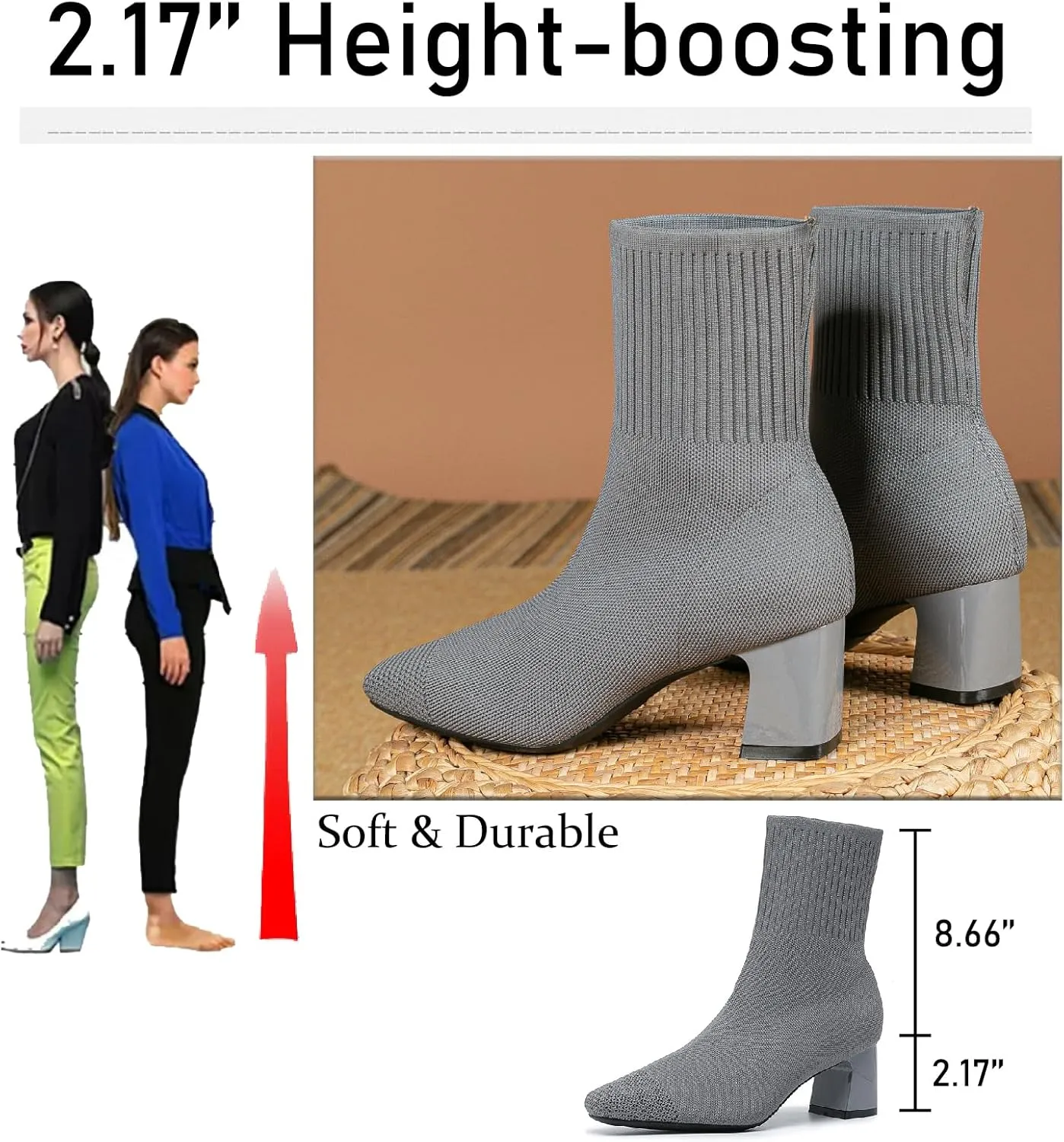 Women's Knit Chunky Heel Ankle Boots Fashion Square Toe Light Pull On Mid Heel Mid Calf Boots Comfortable Breathable Walking Dress Boots