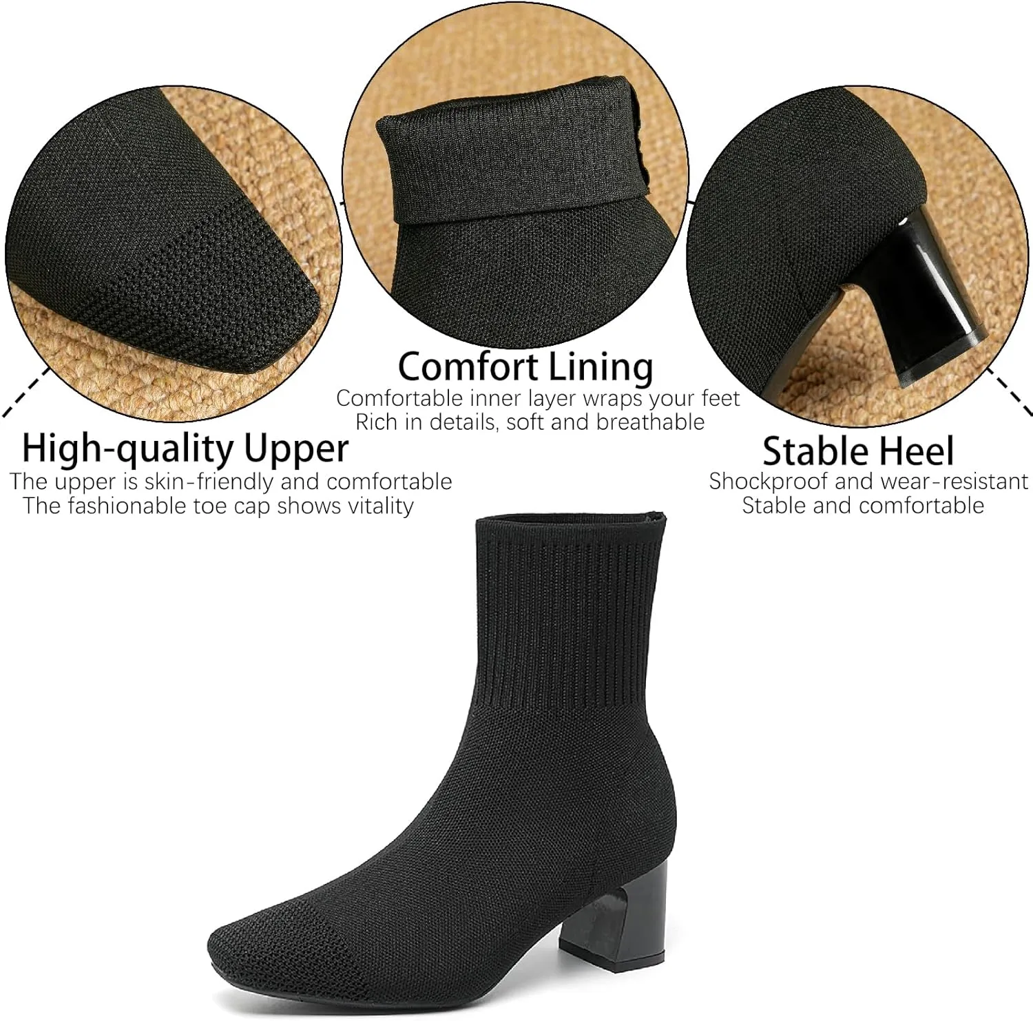 Women's Knit Chunky Heel Ankle Boots Fashion Square Toe Light Pull On Mid Heel Mid Calf Boots Comfortable Breathable Walking Dress Boots