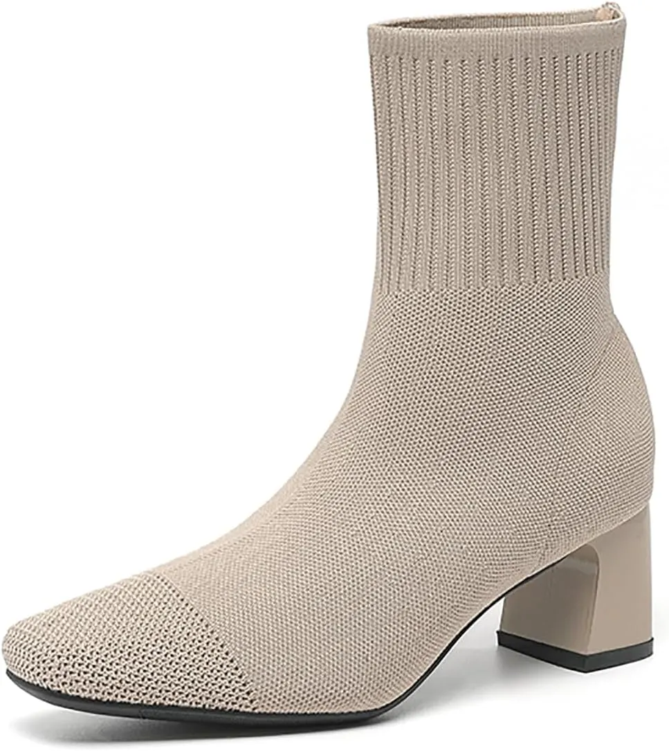 Women's Knit Chunky Heel Ankle Boots Fashion Square Toe Light Pull On Mid Heel Mid Calf Boots Comfortable Breathable Walking Dress Boots