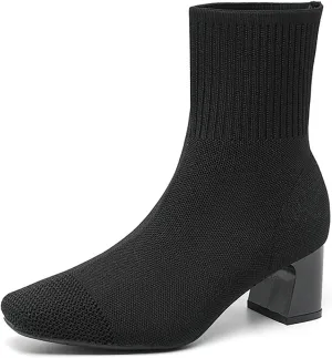 Women's Knit Chunky Heel Ankle Boots Fashion Square Toe Light Pull On Mid Heel Mid Calf Boots Comfortable Breathable Walking Dress Boots