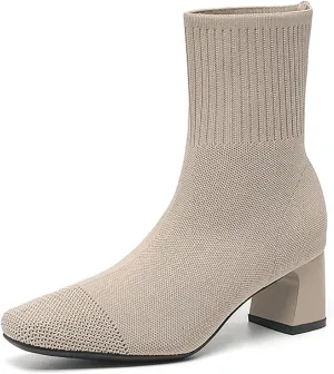 Women's Knit Chunky Heel Ankle Boots Fashion Square Toe Light Pull On Mid Heel Mid Calf Boots Comfortable Breathable Walking Dress Boots