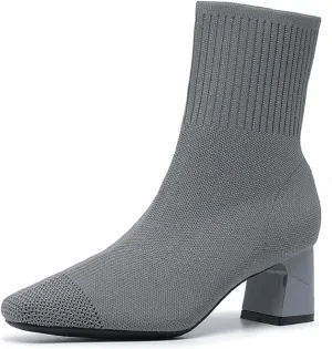 Women's Knit Chunky Heel Ankle Boots Fashion Square Toe Light Pull On Mid Heel Mid Calf Boots Comfortable Breathable Walking Dress Boots