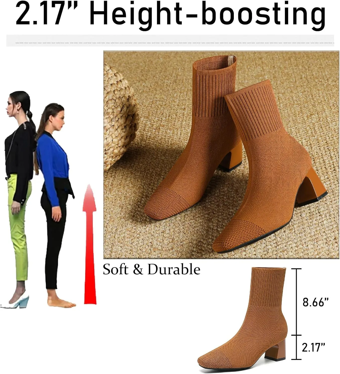 Women's Knit Chunky Heel Ankle Boots Fashion Square Toe Light Pull On Mid Heel Mid Calf Boots Comfortable Breathable Walking Dress Boots
