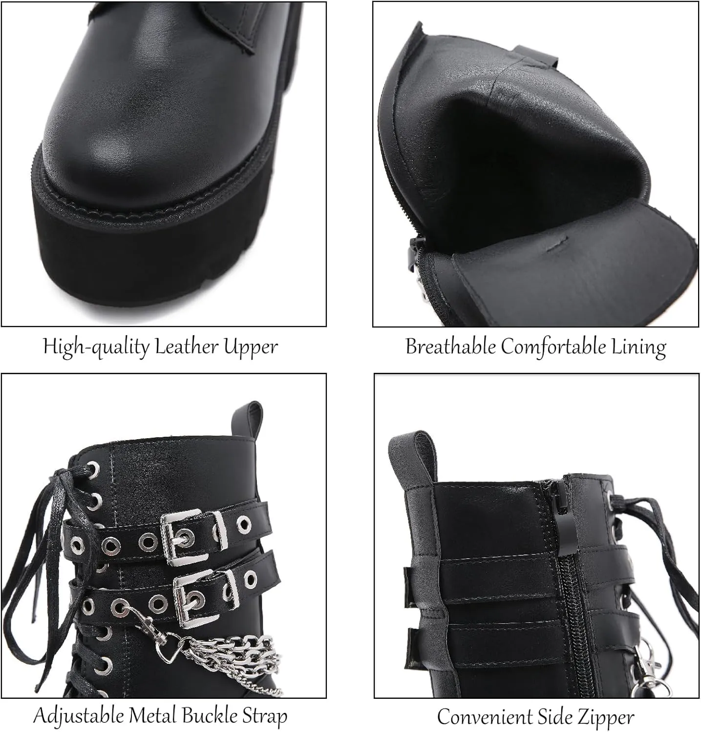Women's Leather Chain Platform Chunky Heel Goth Mid Calf Boots with Side Zipper Fashion Studded Buckle Strap Round Toe Block High Heel Lace Up Combat Boots Y2K Punk Motorcycle Booties