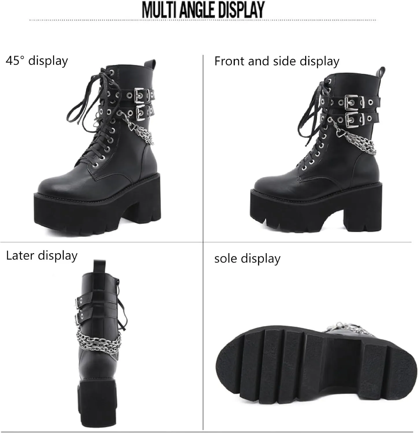 Women's Leather Chain Platform Chunky Heel Goth Mid Calf Boots with Side Zipper Fashion Studded Buckle Strap Round Toe Block High Heel Lace Up Combat Boots Y2K Punk Motorcycle Booties