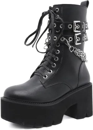 Women's Leather Chain Platform Chunky Heel Goth Mid Calf Boots with Side Zipper Fashion Studded Buckle Strap Round Toe Block High Heel Lace Up Combat Boots Y2K Punk Motorcycle Booties