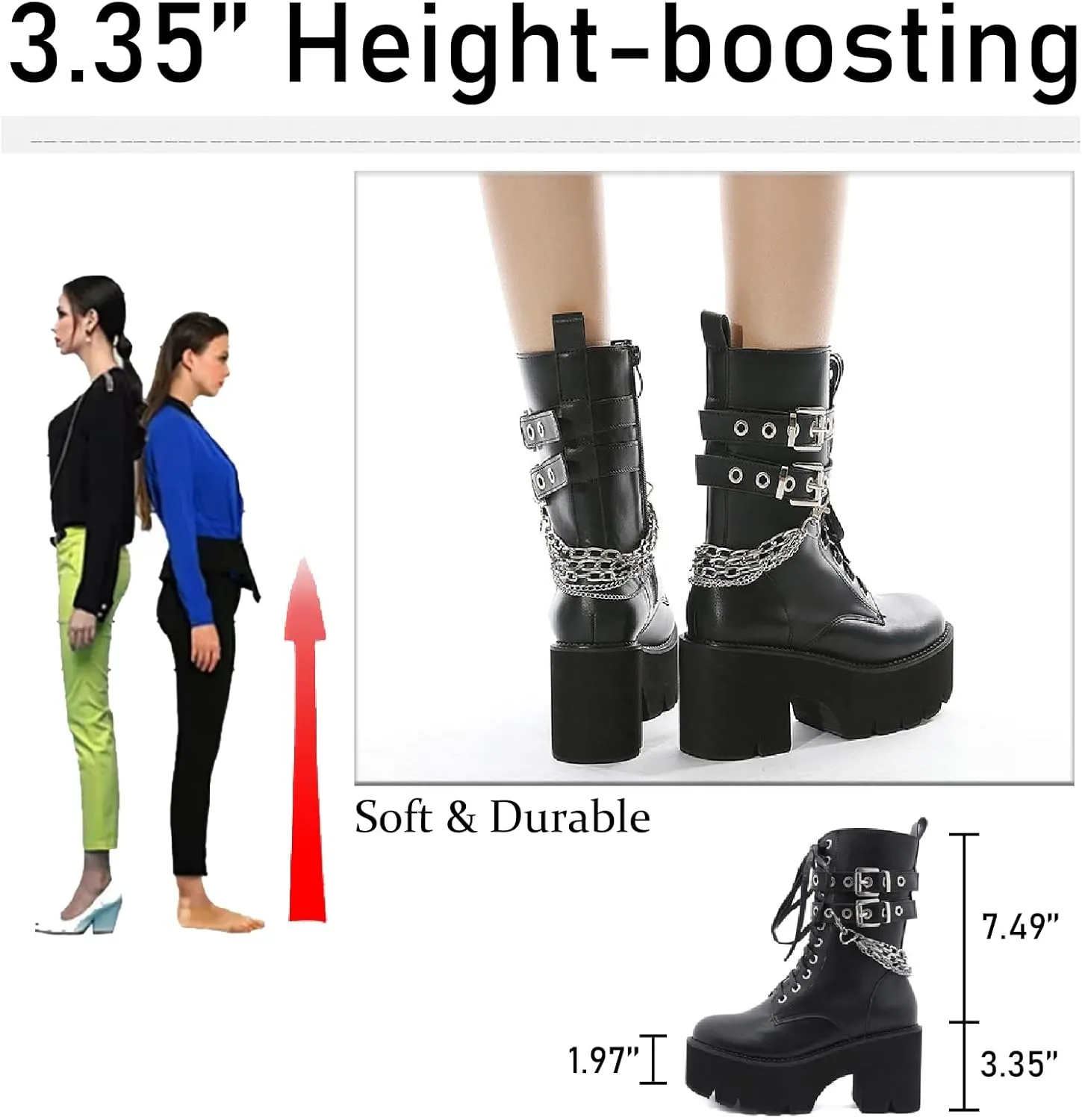 Women's Leather Chain Platform Chunky Heel Goth Mid Calf Boots with Side Zipper Fashion Studded Buckle Strap Round Toe Block High Heel Lace Up Combat Boots Y2K Punk Motorcycle Booties