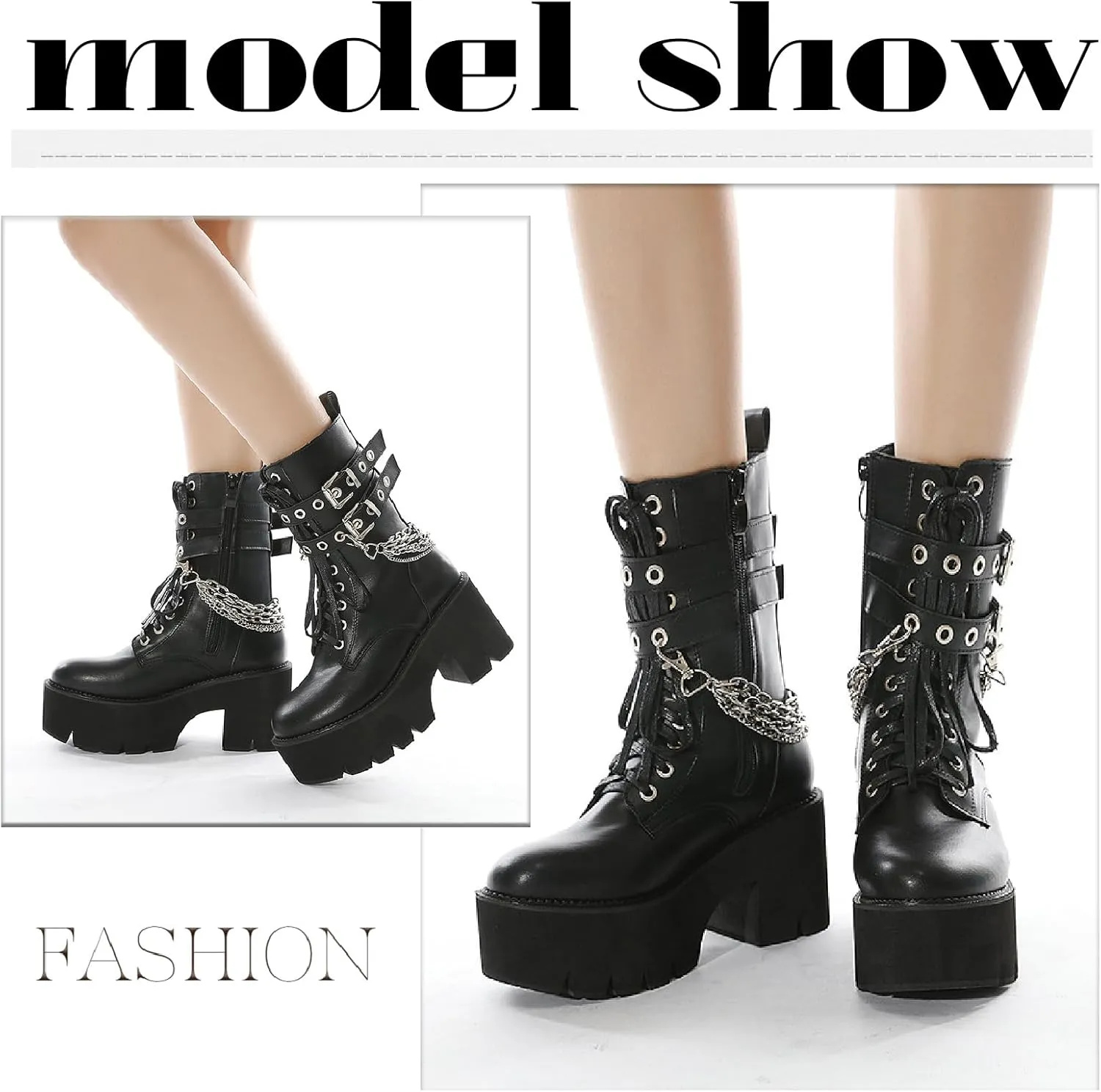 Women's Leather Chain Platform Chunky Heel Goth Mid Calf Boots with Side Zipper Fashion Studded Buckle Strap Round Toe Block High Heel Lace Up Combat Boots Y2K Punk Motorcycle Booties