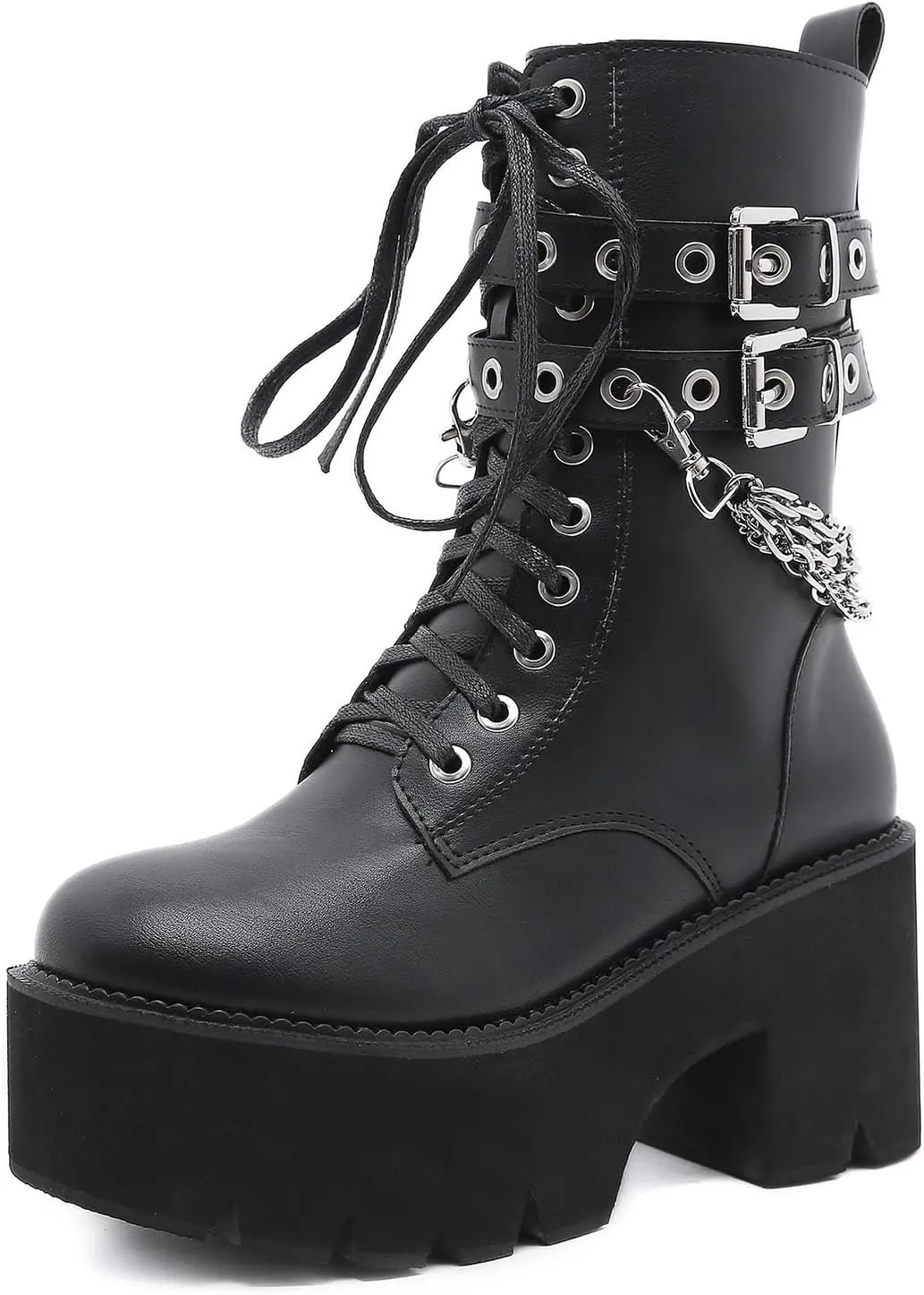 Women's Leather Chain Platform Chunky Heel Goth Mid Calf Boots with Side Zipper Fashion Studded Buckle Strap Round Toe Block High Heel Lace Up Combat Boots Y2K Punk Motorcycle Booties