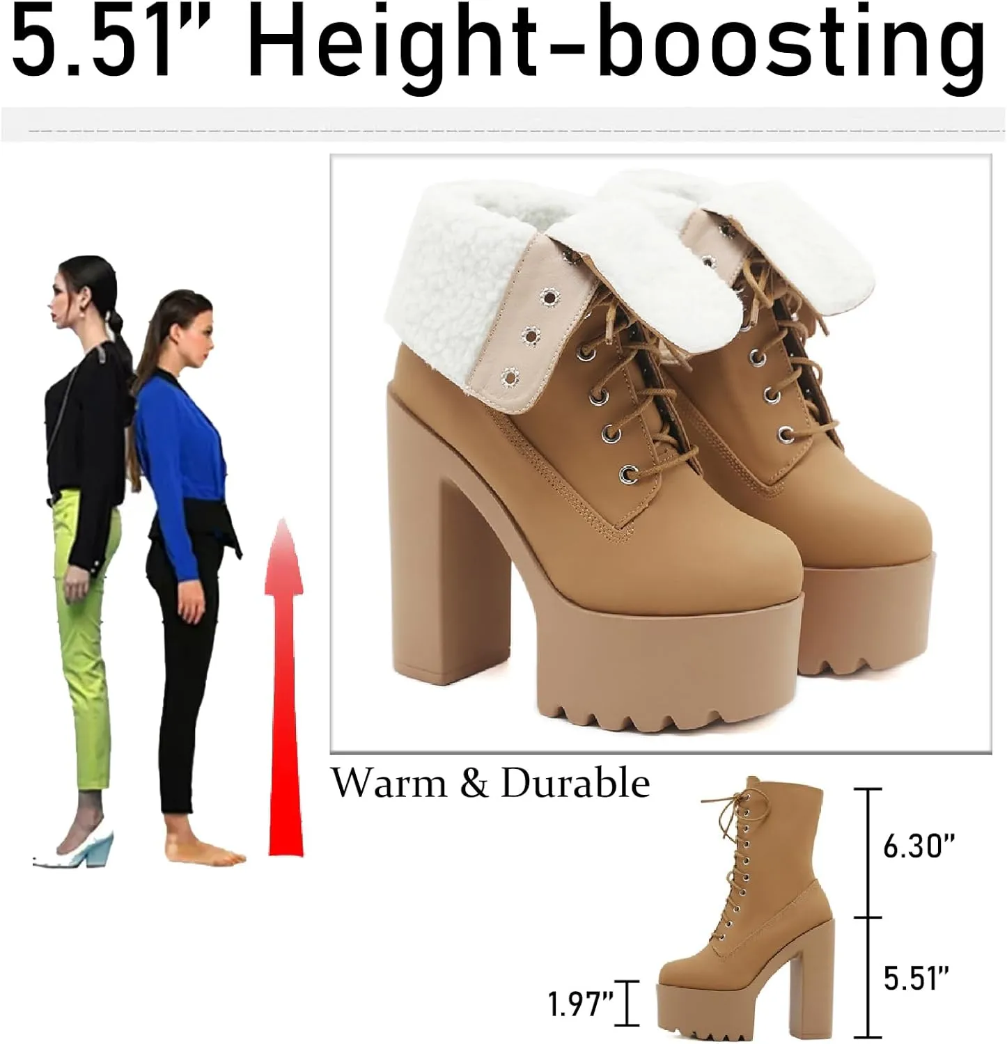 Women's Leather Platform Chunky High Heel Mid Calf Boots Warm Fur Lined Comfortable Round Toe Lug Sole Block Heel Lace Up Combat Boots Winter Fashion Party Increase Boots