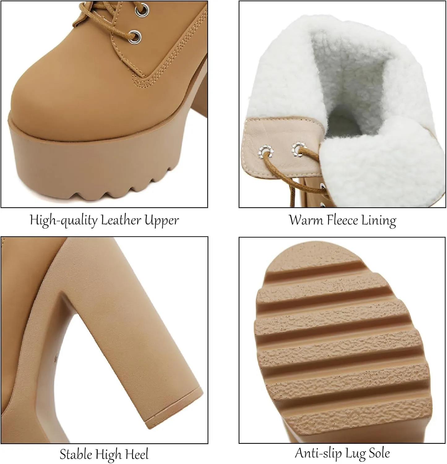 Women's Leather Platform Chunky High Heel Mid Calf Boots Warm Fur Lined Comfortable Round Toe Lug Sole Block Heel Lace Up Combat Boots Winter Fashion Party Increase Boots