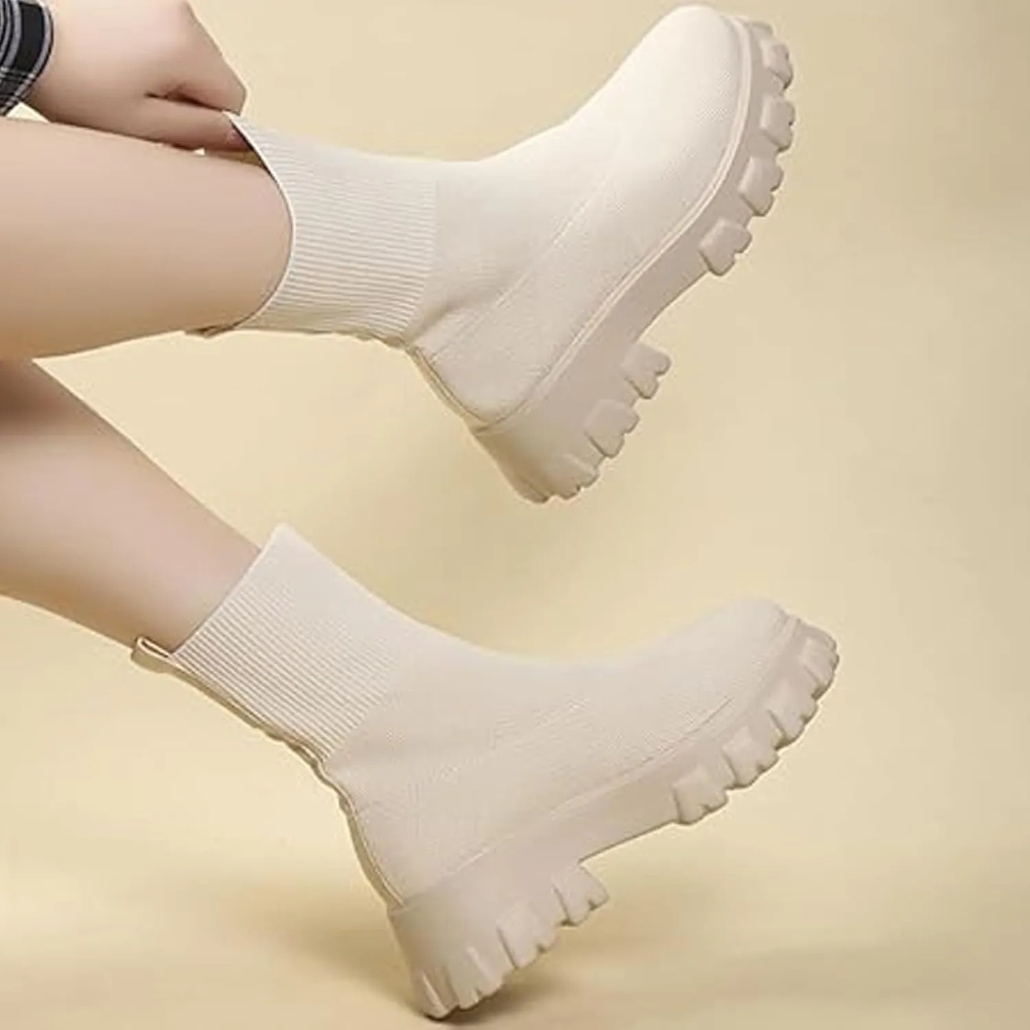 Womens Platform Sock Ankle Boots,Women's Platform Lug Sole Ankle Boots Chunky Heel,Elastic Knit Slip On Booties Shoes