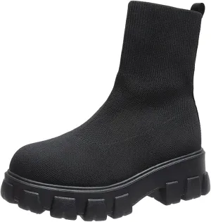 Womens Platform Sock Ankle Boots,Women's Platform Lug Sole Ankle Boots Chunky Heel,Elastic Knit Slip On Booties Shoes