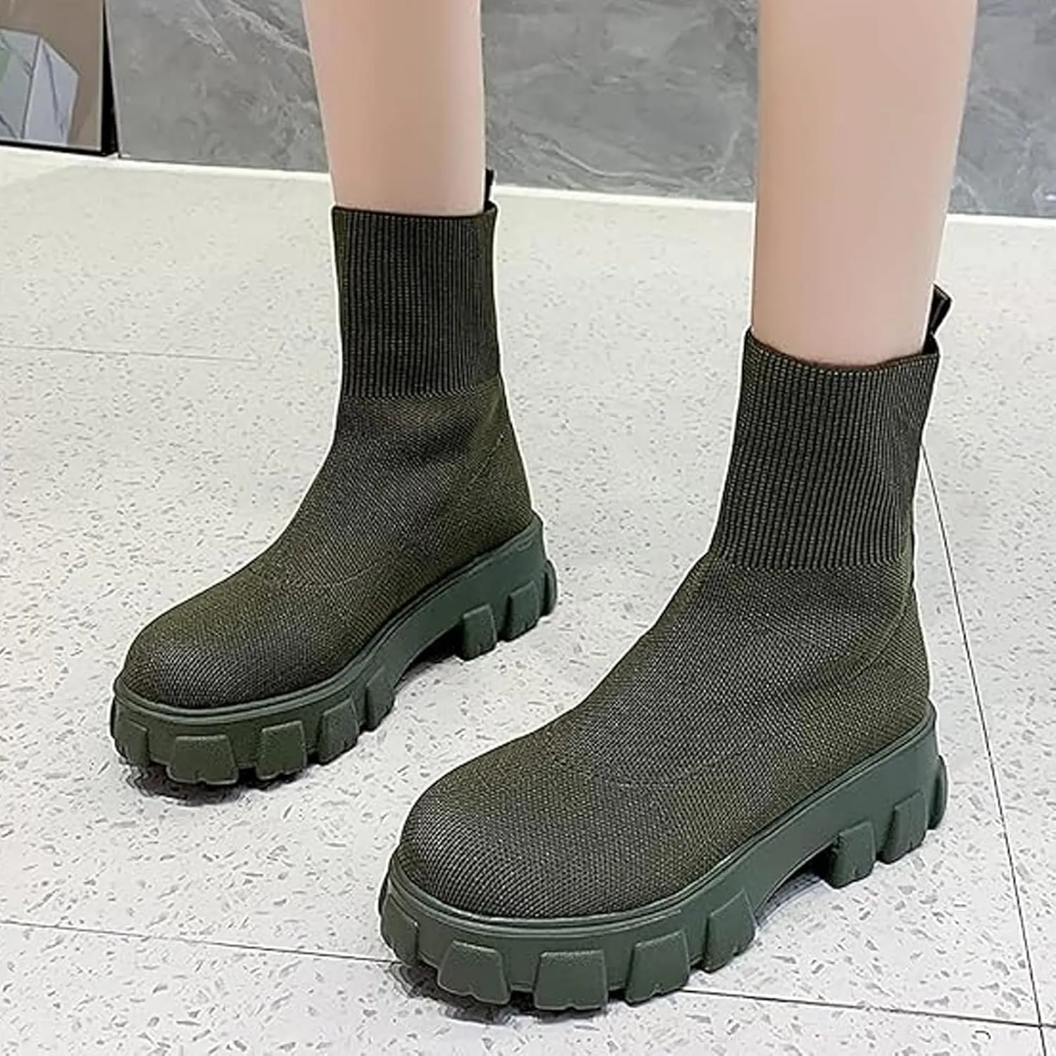 Womens Platform Sock Ankle Boots,Women's Platform Lug Sole Ankle Boots Chunky Heel,Elastic Knit Slip On Booties Shoes