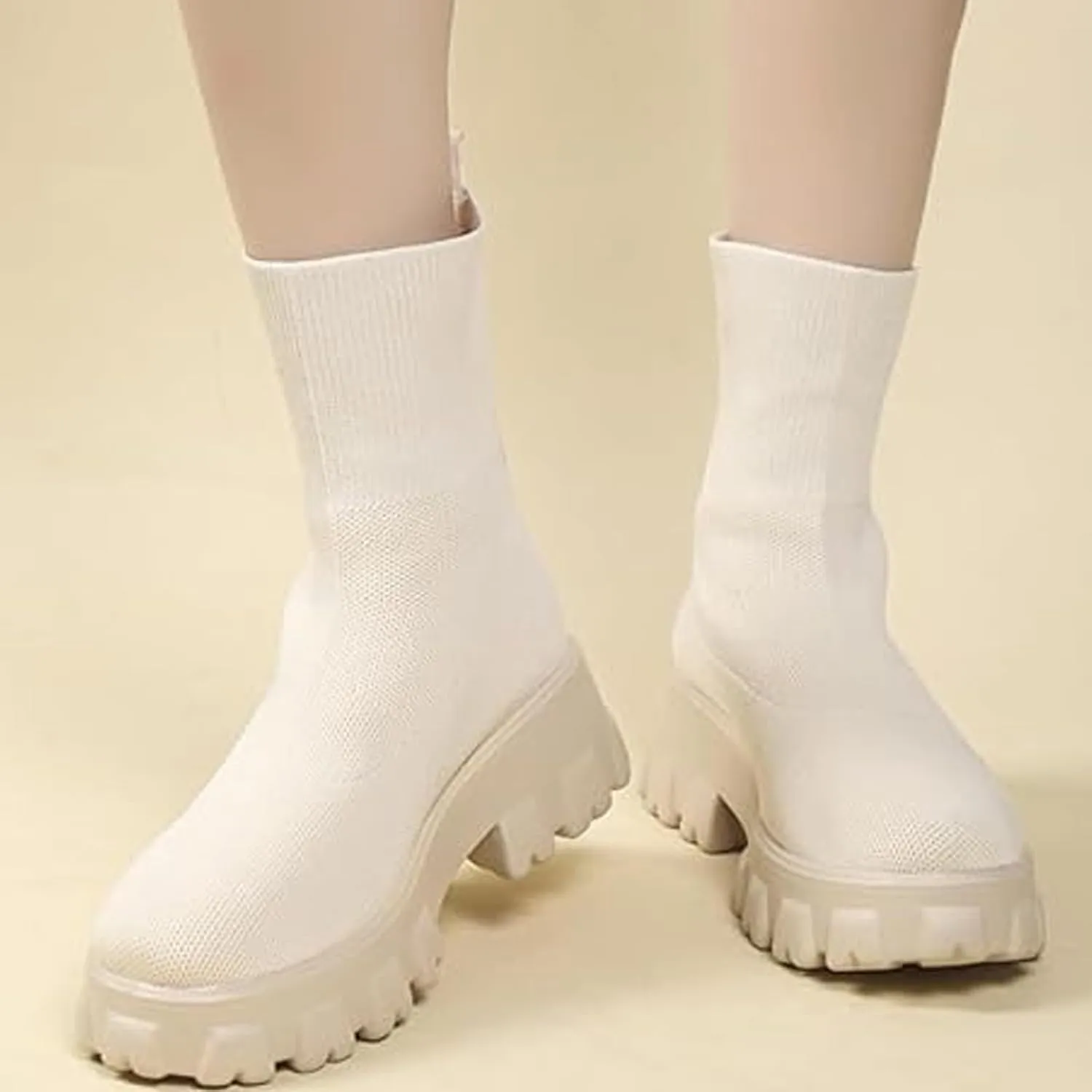 Womens Platform Sock Ankle Boots,Women's Platform Lug Sole Ankle Boots Chunky Heel,Elastic Knit Slip On Booties Shoes