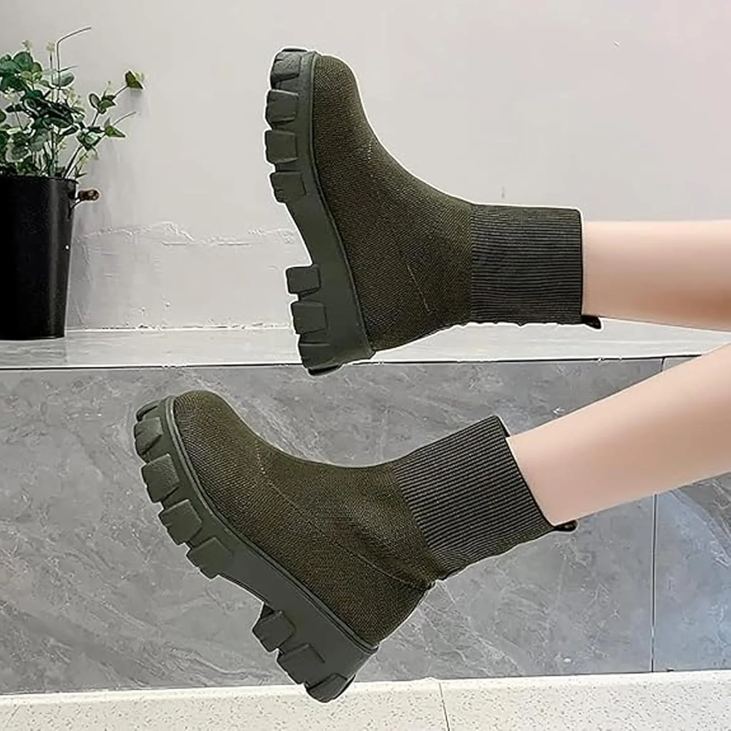 Womens Platform Sock Ankle Boots,Women's Platform Lug Sole Ankle Boots Chunky Heel,Elastic Knit Slip On Booties Shoes