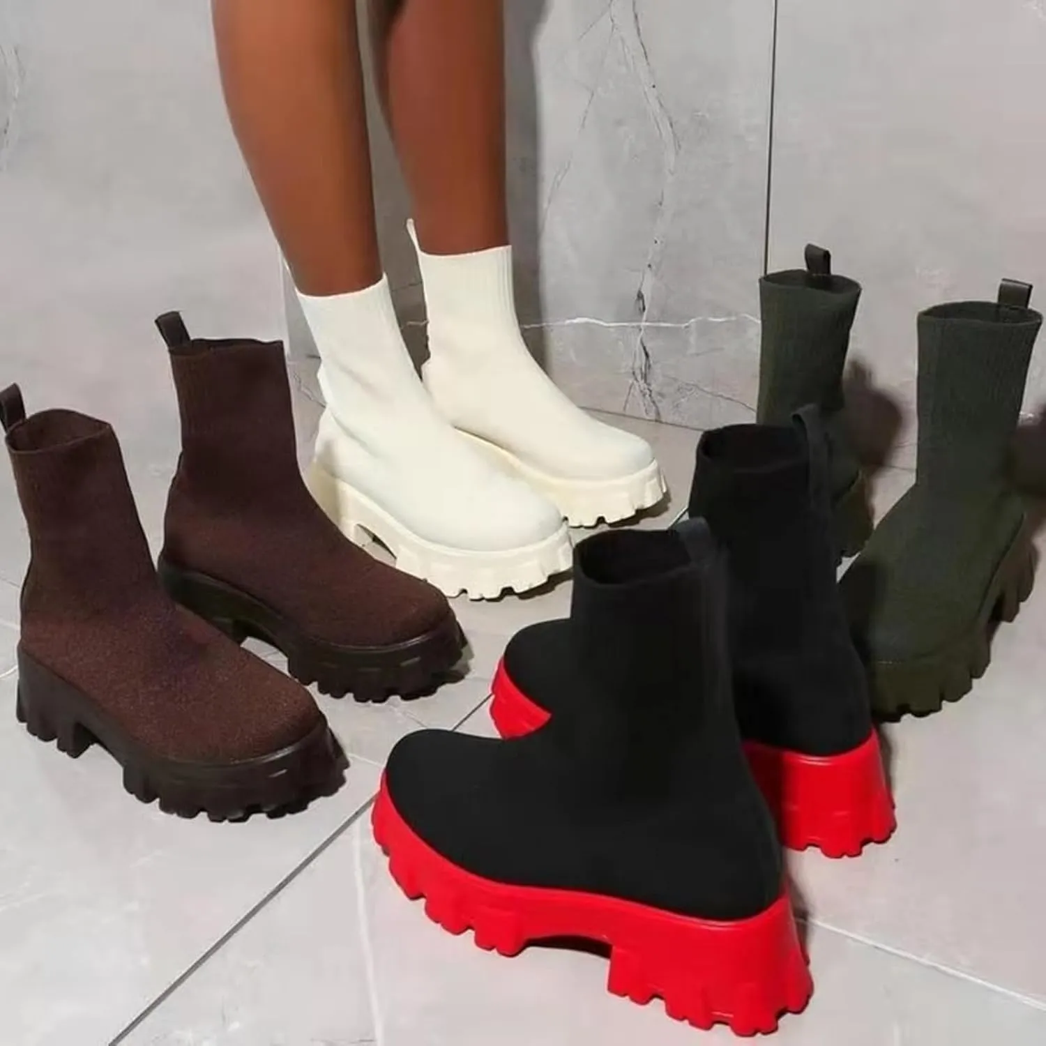 Womens Platform Sock Ankle Boots,Women's Platform Lug Sole Ankle Boots Chunky Heel,Elastic Knit Slip On Booties Shoes