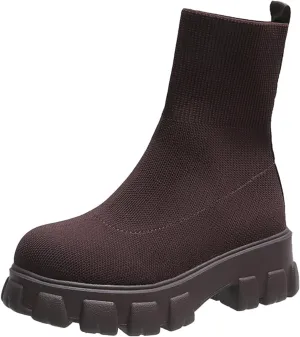 Womens Platform Sock Ankle Boots,Women's Platform Lug Sole Ankle Boots Chunky Heel,Elastic Knit Slip On Booties Shoes