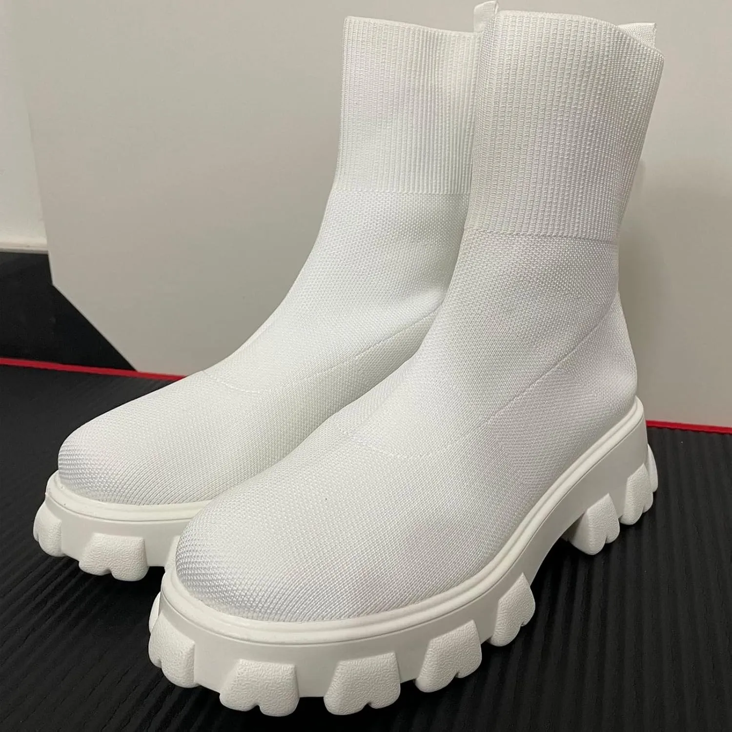 Womens Platform Sock Ankle Boots,Women's Platform Lug Sole Ankle Boots Chunky Heel,Elastic Knit Slip On Booties Shoes