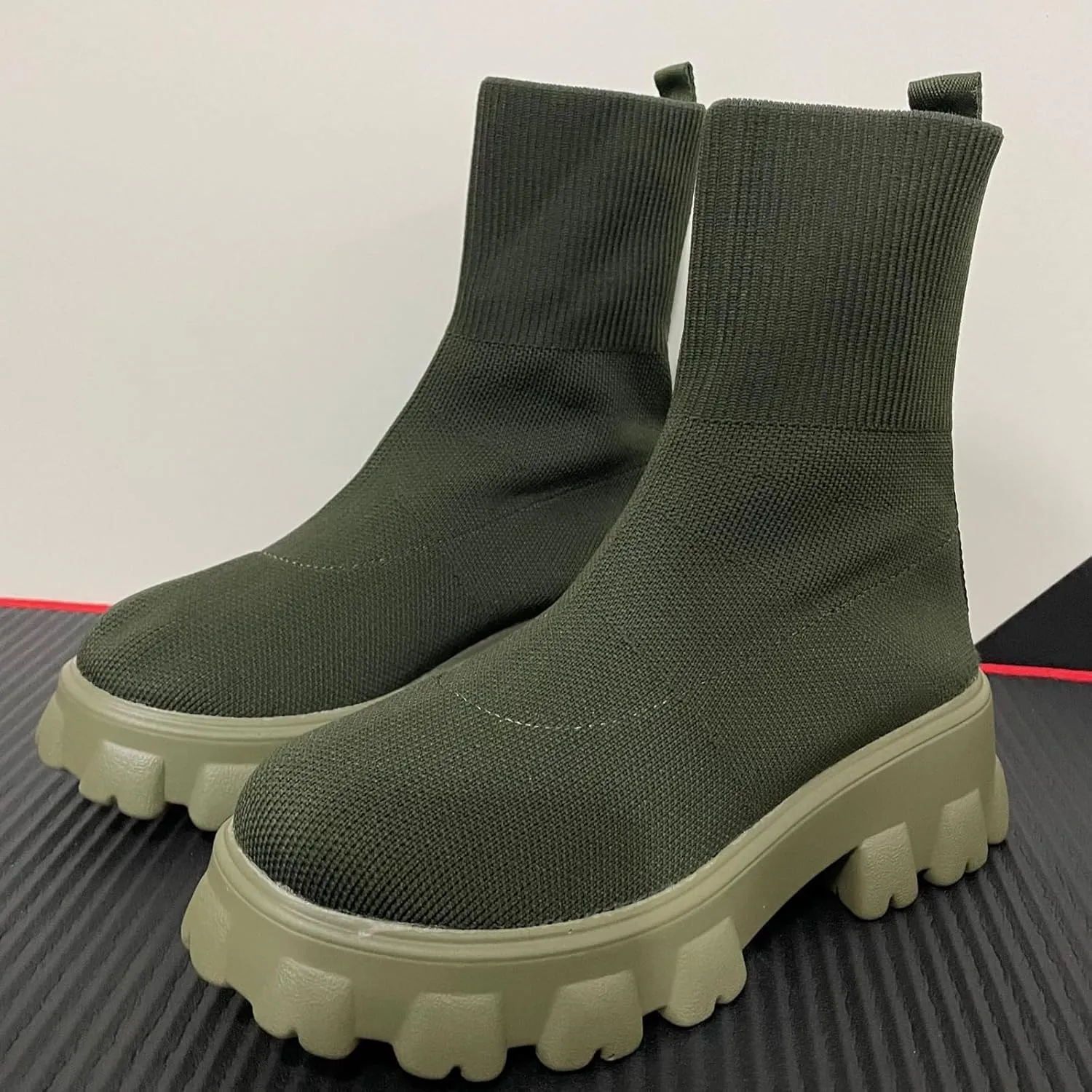Womens Platform Sock Ankle Boots,Women's Platform Lug Sole Ankle Boots Chunky Heel,Elastic Knit Slip On Booties Shoes
