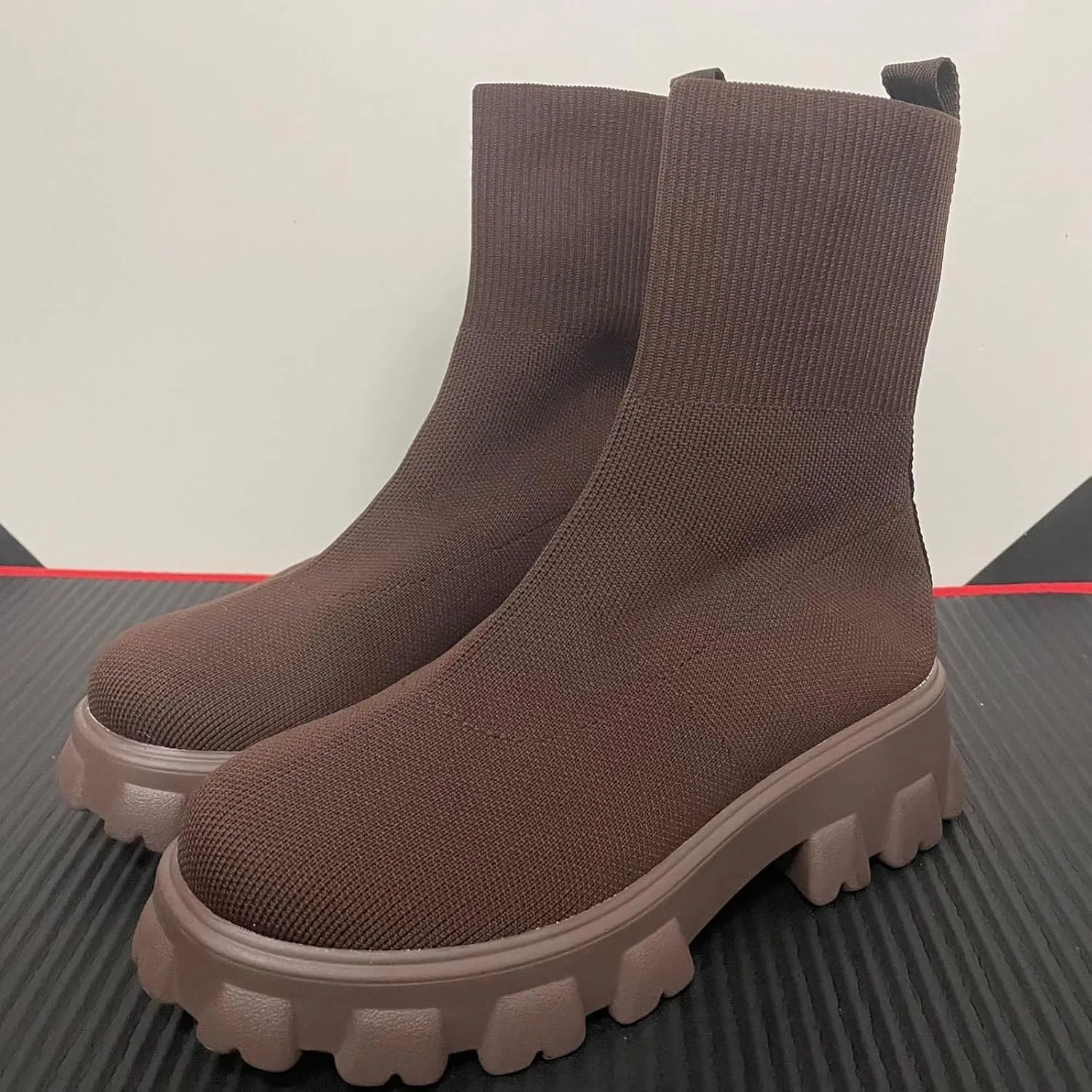 Womens Platform Sock Ankle Boots,Women's Platform Lug Sole Ankle Boots Chunky Heel,Elastic Knit Slip On Booties Shoes