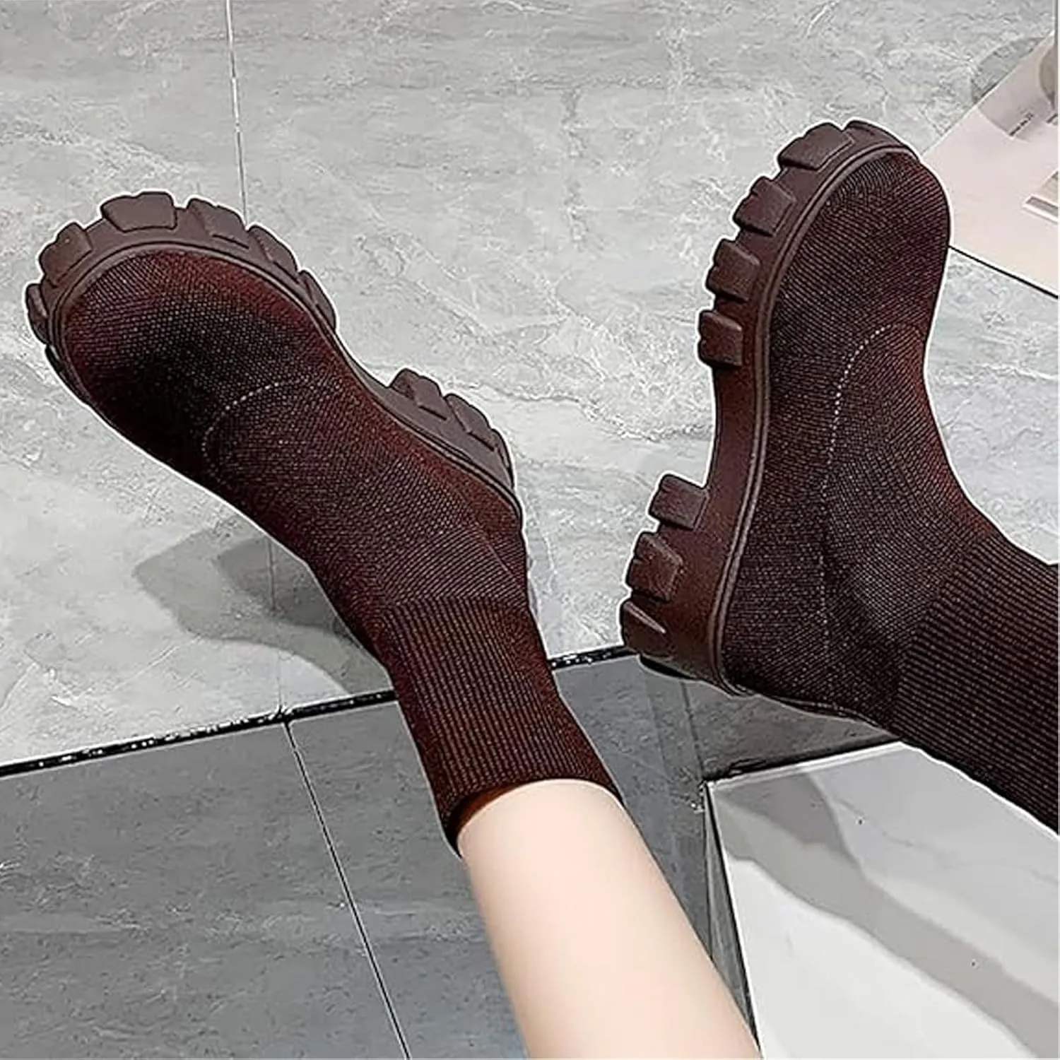 Womens Platform Sock Ankle Boots,Women's Platform Lug Sole Ankle Boots Chunky Heel,Elastic Knit Slip On Booties Shoes