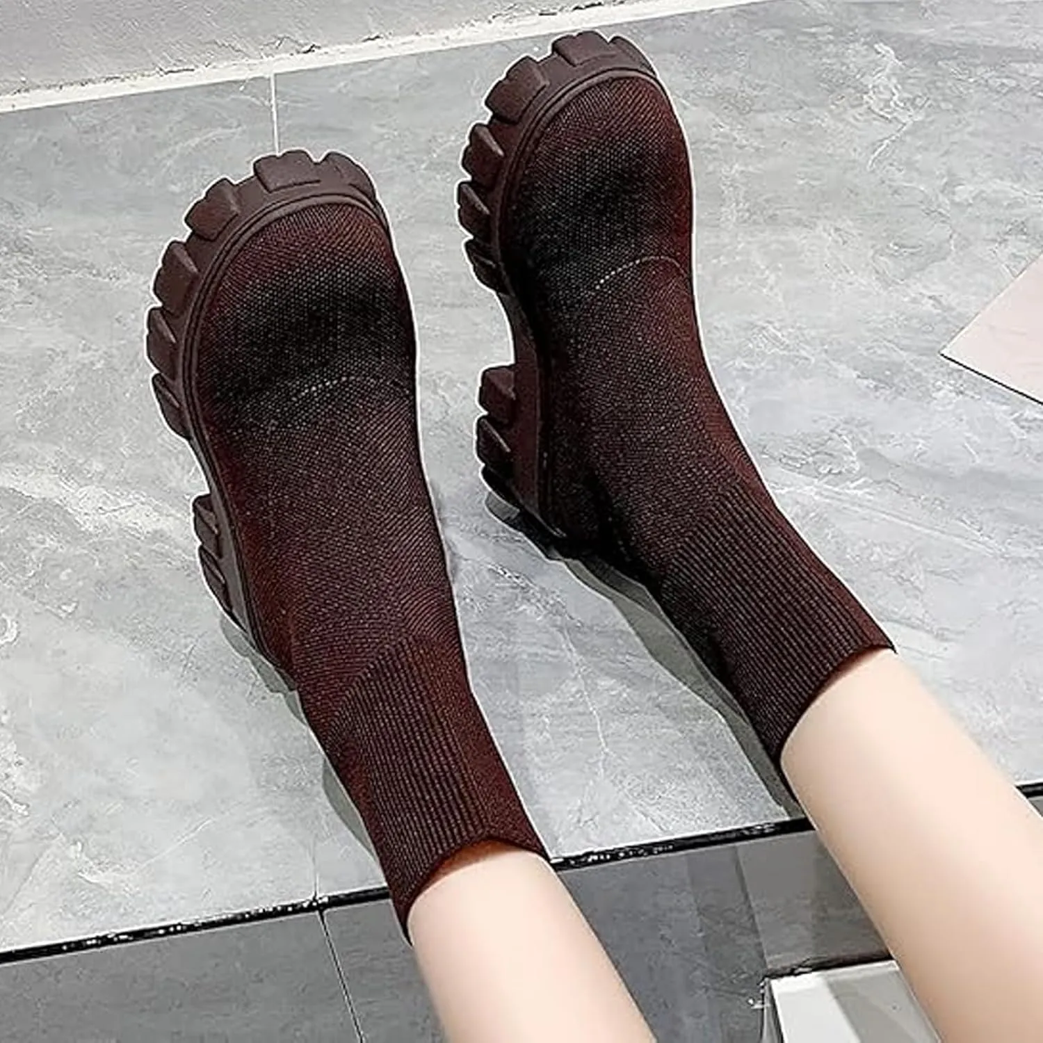 Womens Platform Sock Ankle Boots,Women's Platform Lug Sole Ankle Boots Chunky Heel,Elastic Knit Slip On Booties Shoes
