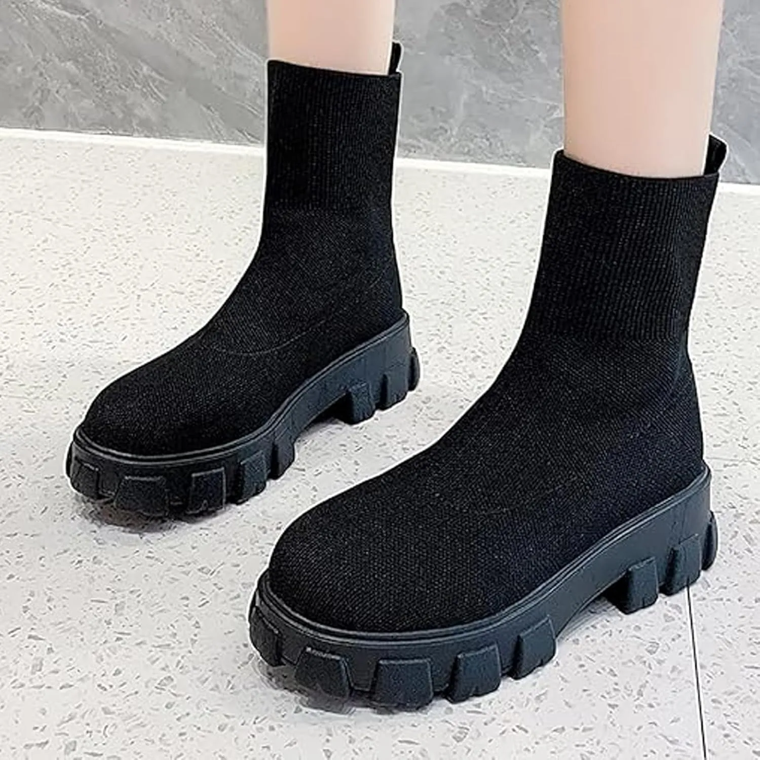 Womens Platform Sock Ankle Boots,Women's Platform Lug Sole Ankle Boots Chunky Heel,Elastic Knit Slip On Booties Shoes