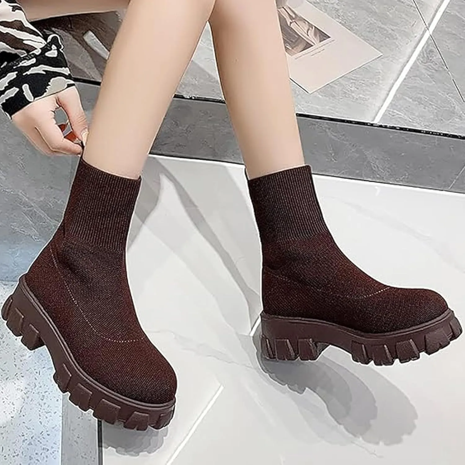 Womens Platform Sock Ankle Boots,Women's Platform Lug Sole Ankle Boots Chunky Heel,Elastic Knit Slip On Booties Shoes