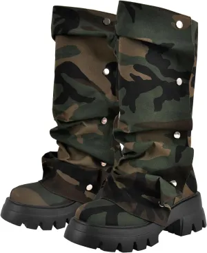Women's Pull On Mid Calf Boots Platform Slouchy Block Heels