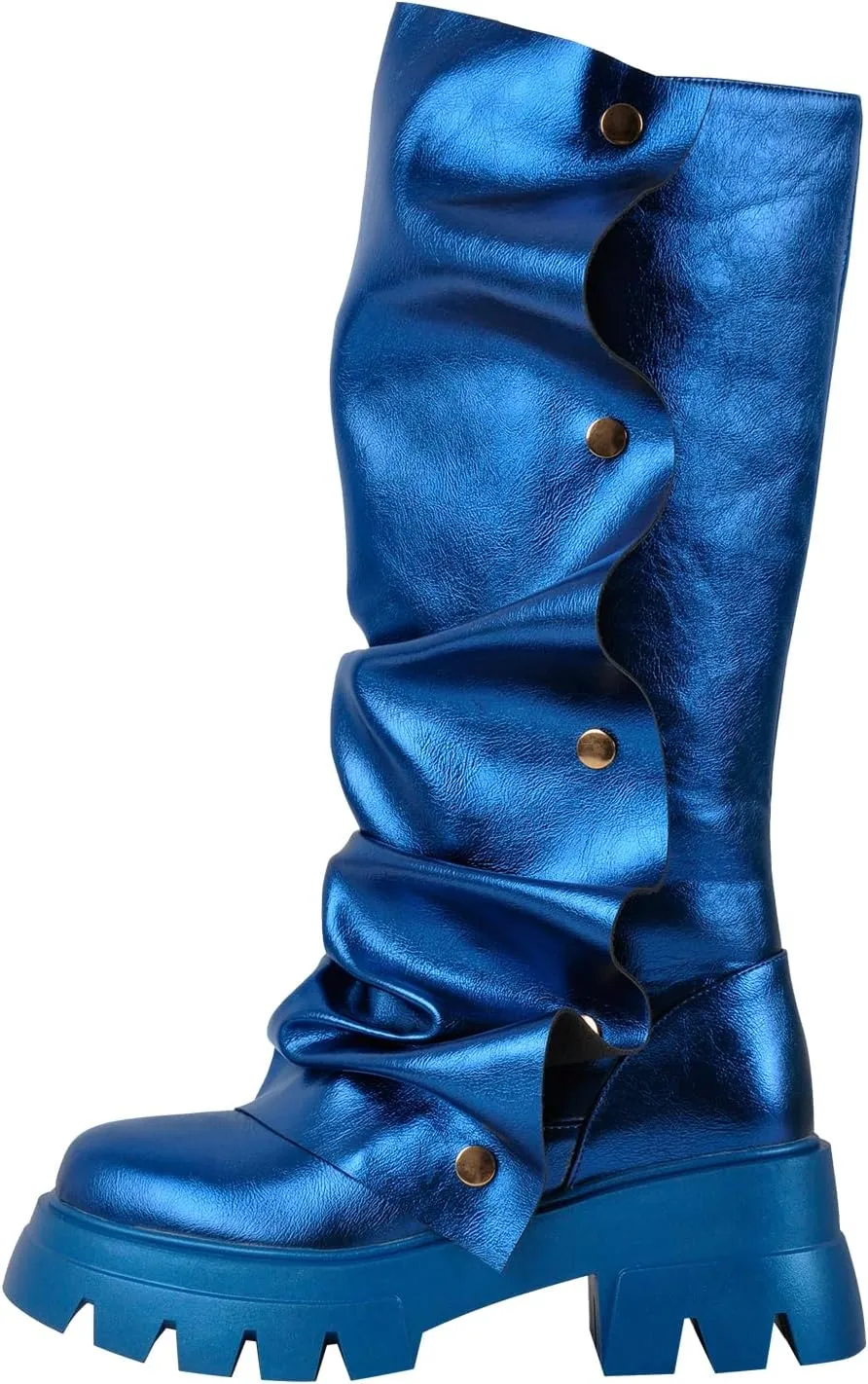 Women's Pull On Mid Calf Boots Platform Slouchy Block Heels