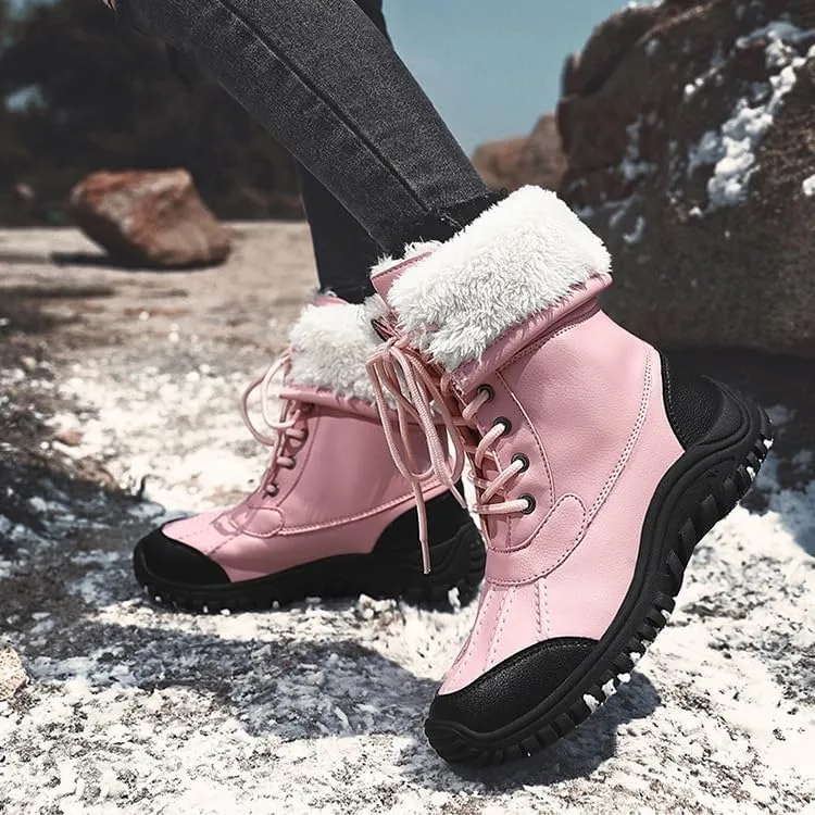 Women's Waterproof Snow Boot Faux Fur Insulated Non-Slip Mid-Calf Boots Lace Up Outdoor Hiking Booties