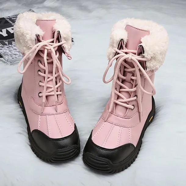 Women's Waterproof Snow Boot Faux Fur Insulated Non-Slip Mid-Calf Boots Lace Up Outdoor Hiking Booties