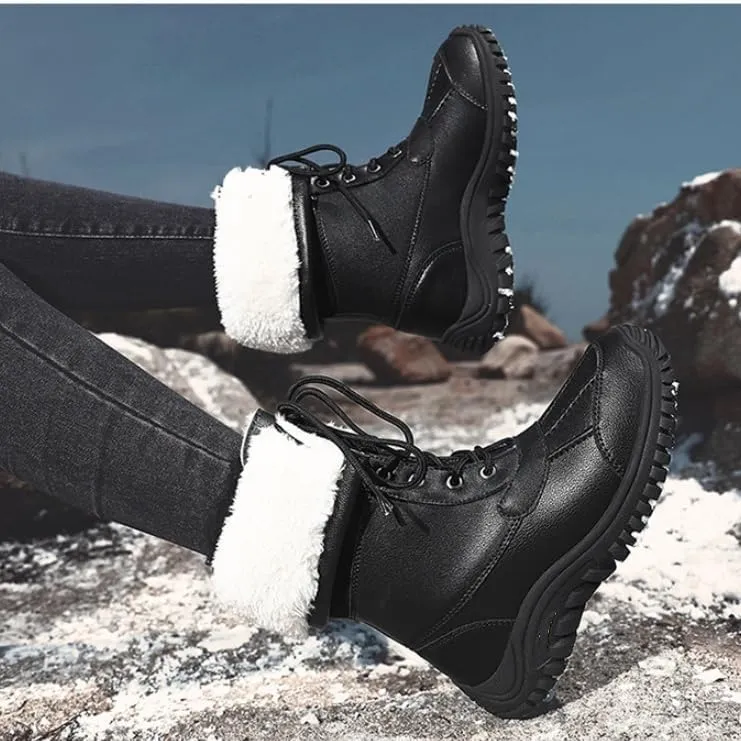 Women's Waterproof Snow Boot Faux Fur Insulated Non-Slip Mid-Calf Boots Lace Up Outdoor Hiking Booties