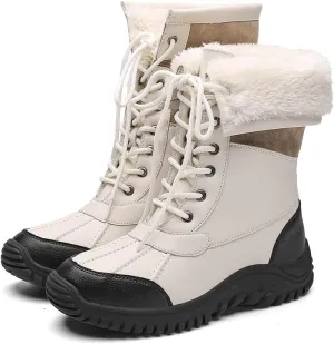 Women's Waterproof Snow Boot Faux Fur Insulated Non-Slip Mid-Calf Boots Lace Up Outdoor Hiking Booties