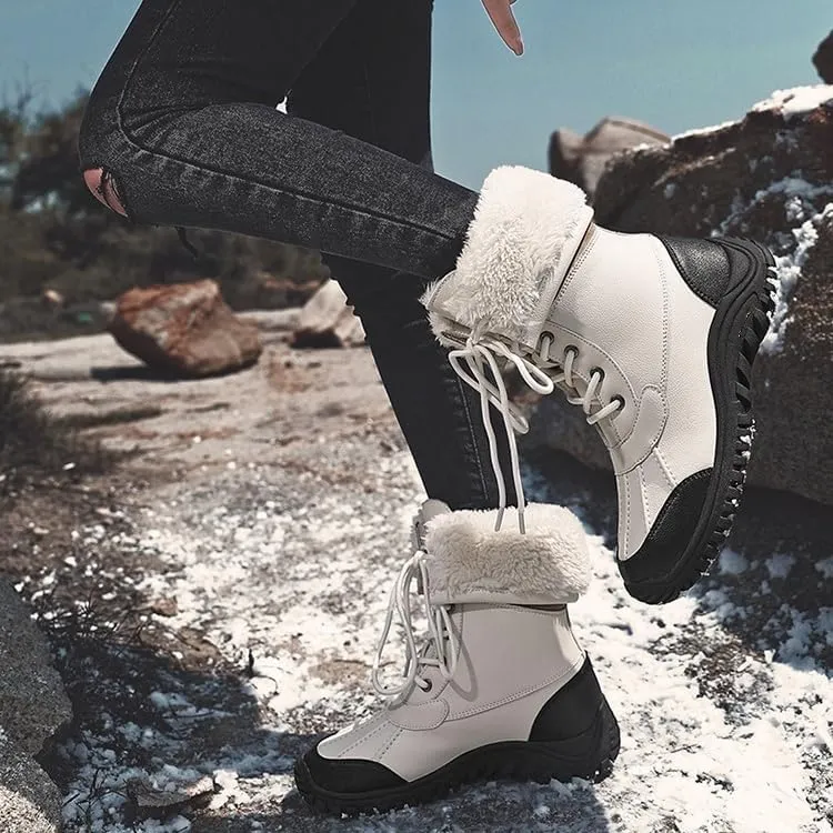 Women's Waterproof Snow Boot Faux Fur Insulated Non-Slip Mid-Calf Boots Lace Up Outdoor Hiking Booties