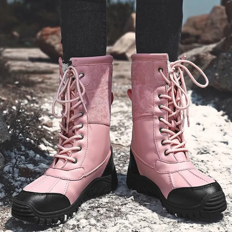 Women's Waterproof Snow Boot Faux Fur Insulated Non-Slip Mid-Calf Boots Lace Up Outdoor Hiking Booties