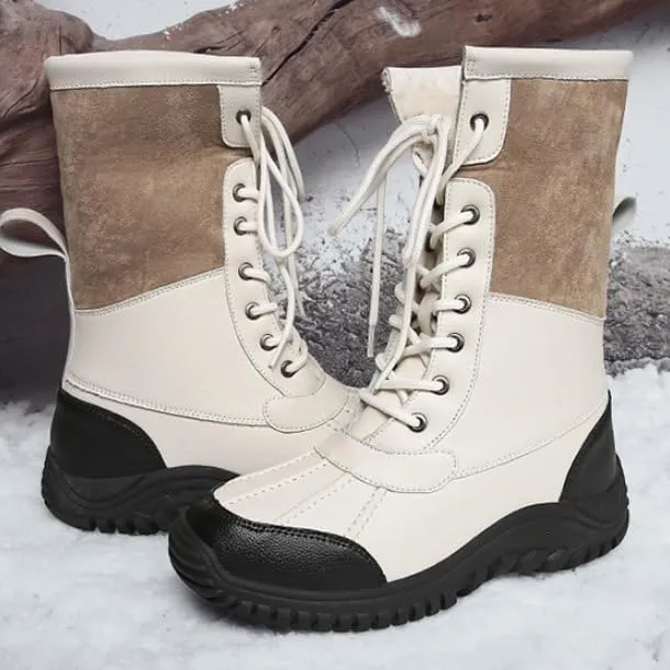 Women's Waterproof Snow Boot Faux Fur Insulated Non-Slip Mid-Calf Boots Lace Up Outdoor Hiking Booties