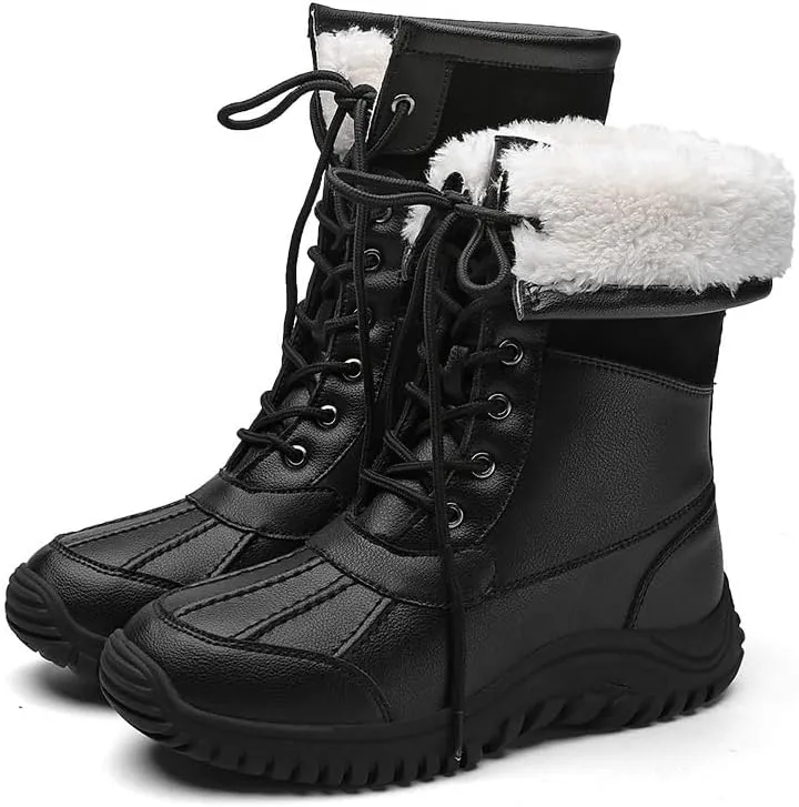 Women's Waterproof Snow Boot Faux Fur Insulated Non-Slip Mid-Calf Boots Lace Up Outdoor Hiking Booties