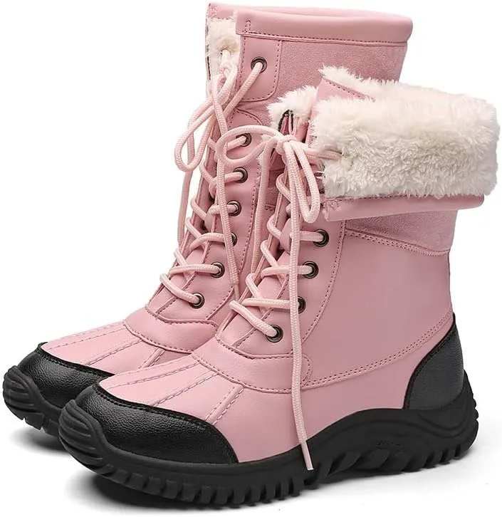 Women's Waterproof Snow Boot Faux Fur Insulated Non-Slip Mid-Calf Boots Lace Up Outdoor Hiking Booties