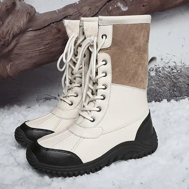 Women's Waterproof Snow Boot Faux Fur Insulated Non-Slip Mid-Calf Boots Lace Up Outdoor Hiking Booties