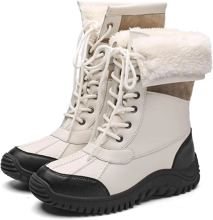 Women's Waterproof Snow Boot Faux Fur Insulated Non-Slip Mid-Calf Boots Lace Up Outdoor Hiking Booties