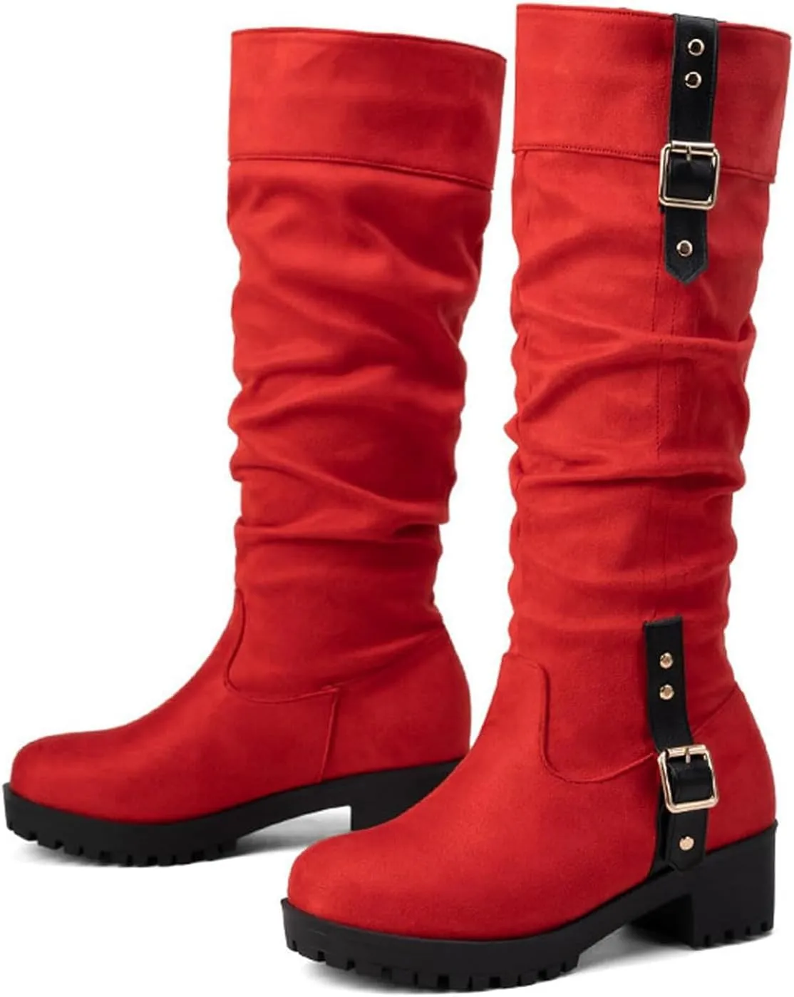 Women's Winter Knee High Pull On Boots Comfortable Chunky Heel Round Toe Faux Suede Slouch Riding Boots