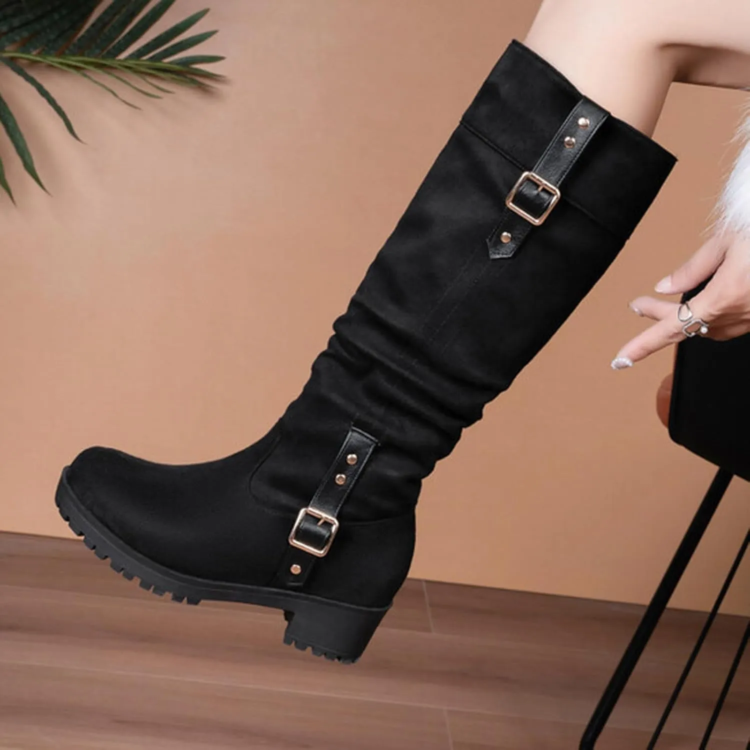 Women's Winter Knee High Pull On Boots Comfortable Chunky Heel Round Toe Faux Suede Slouch Riding Boots