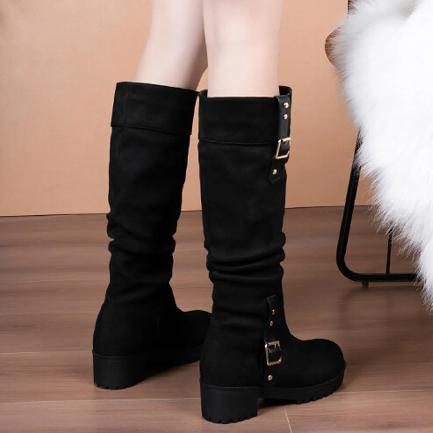 Women's Winter Knee High Pull On Boots Comfortable Chunky Heel Round Toe Faux Suede Slouch Riding Boots