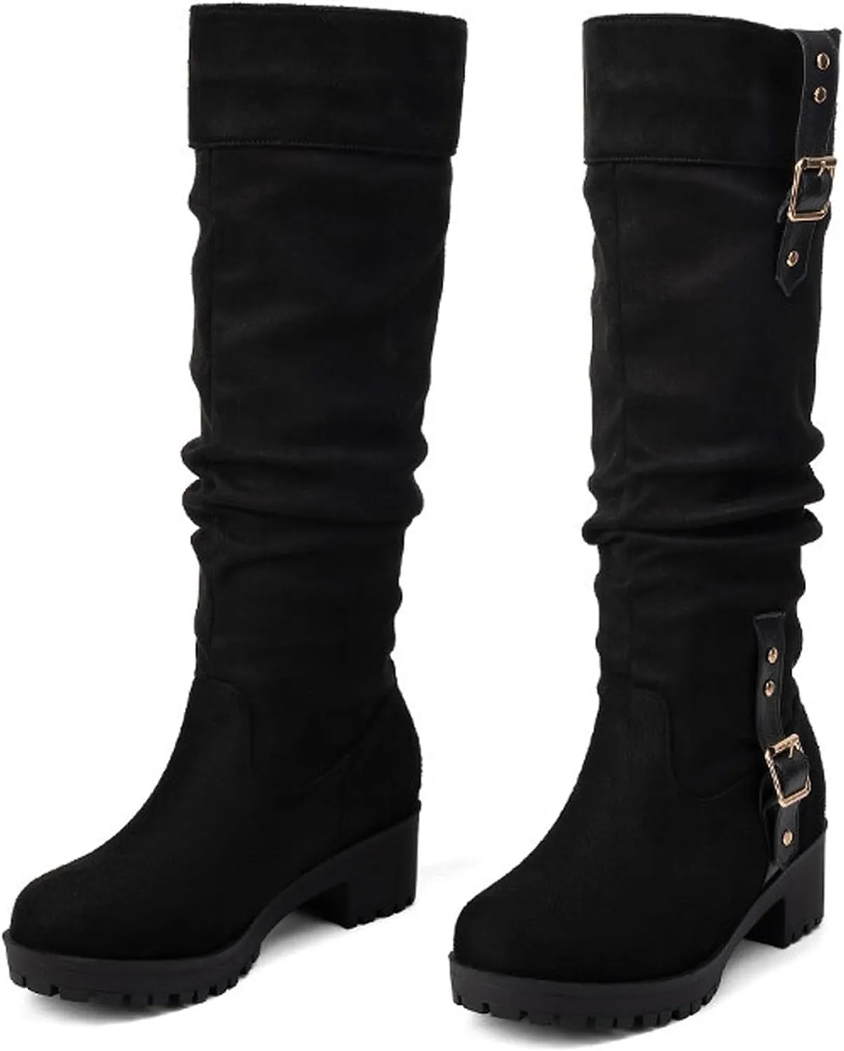 Women's Winter Knee High Pull On Boots Comfortable Chunky Heel Round Toe Faux Suede Slouch Riding Boots