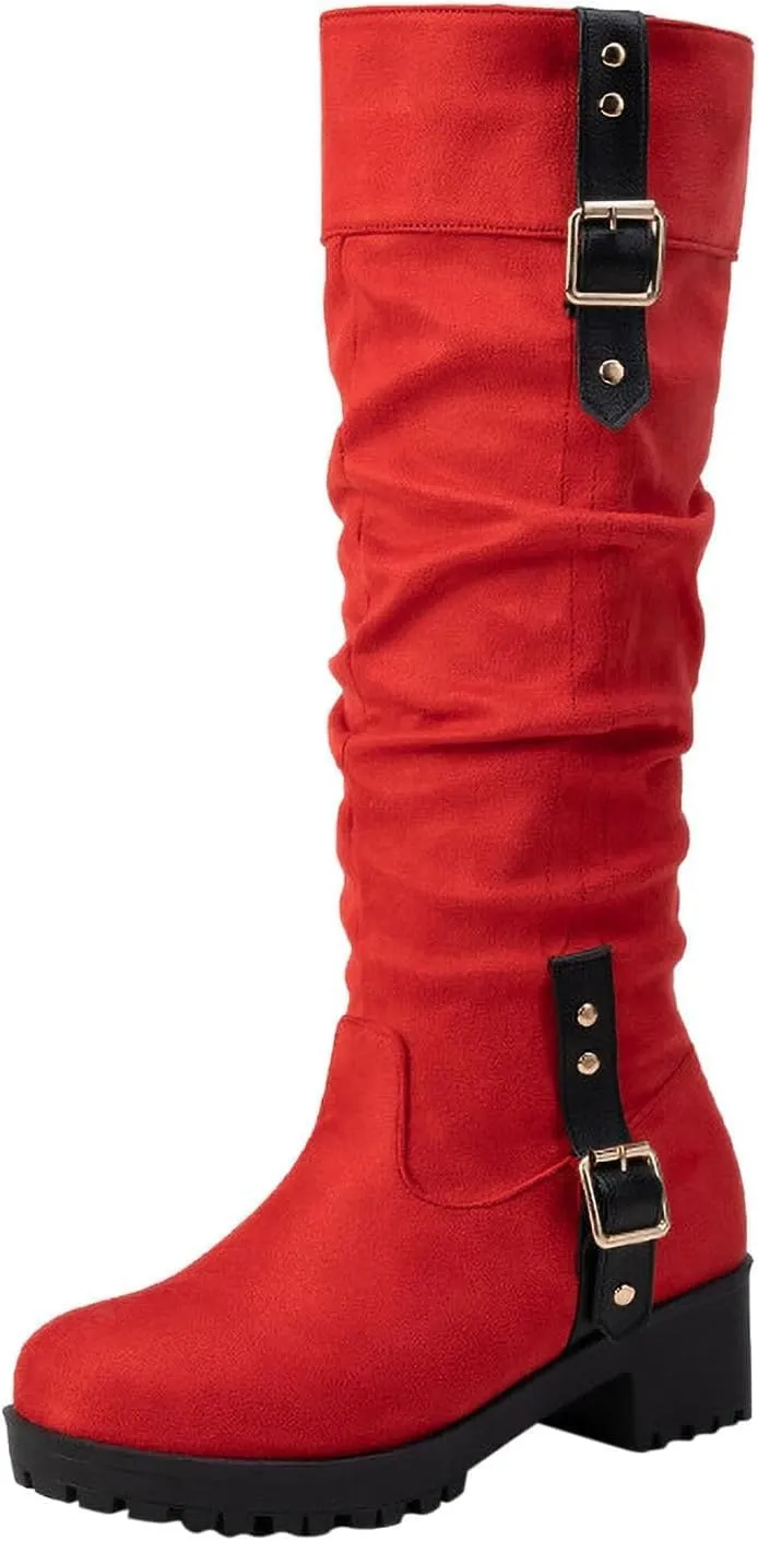 Women's Winter Knee High Pull On Boots Comfortable Chunky Heel Round Toe Faux Suede Slouch Riding Boots