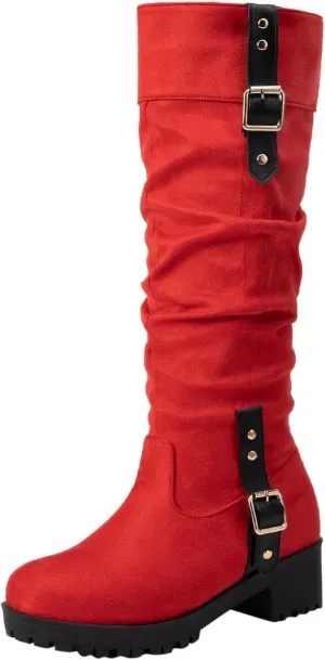 Women's Winter Knee High Pull On Boots Comfortable Chunky Heel Round Toe Faux Suede Slouch Riding Boots