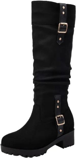 Women's Winter Knee High Pull On Boots Comfortable Chunky Heel Round Toe Faux Suede Slouch Riding Boots