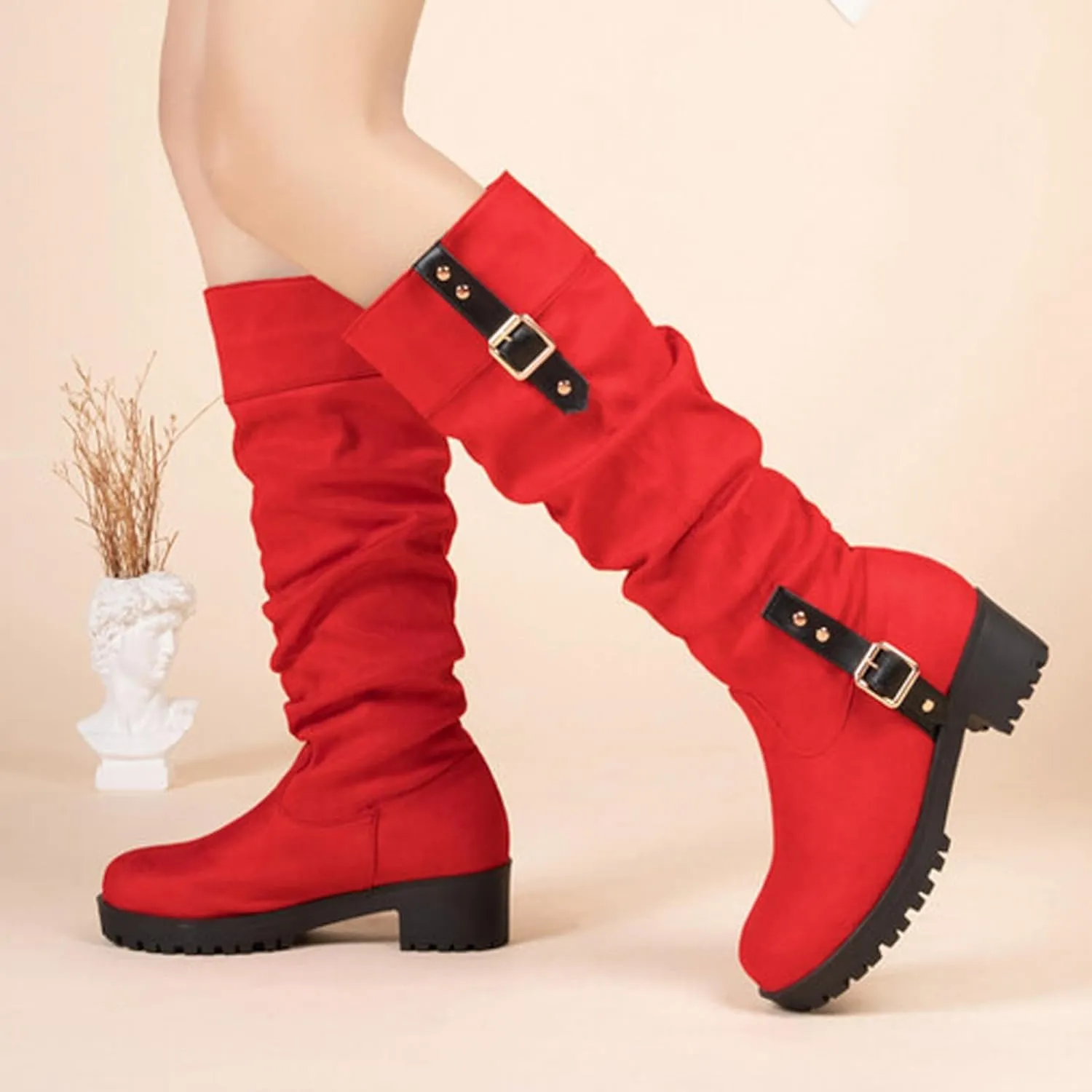 Women's Winter Knee High Pull On Boots Comfortable Chunky Heel Round Toe Faux Suede Slouch Riding Boots